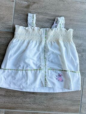 Vintage White Smocked Girls' Tank Top with Pink Bear Embroidery